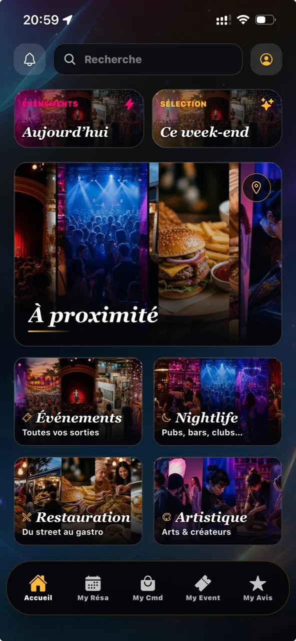 Écran d'accueil de l'application NEXORA