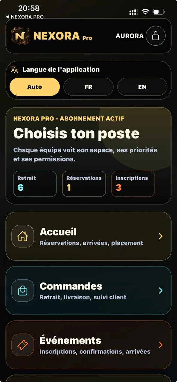 Écran d'accueil de l'application professionnelle NEXORA Pro
